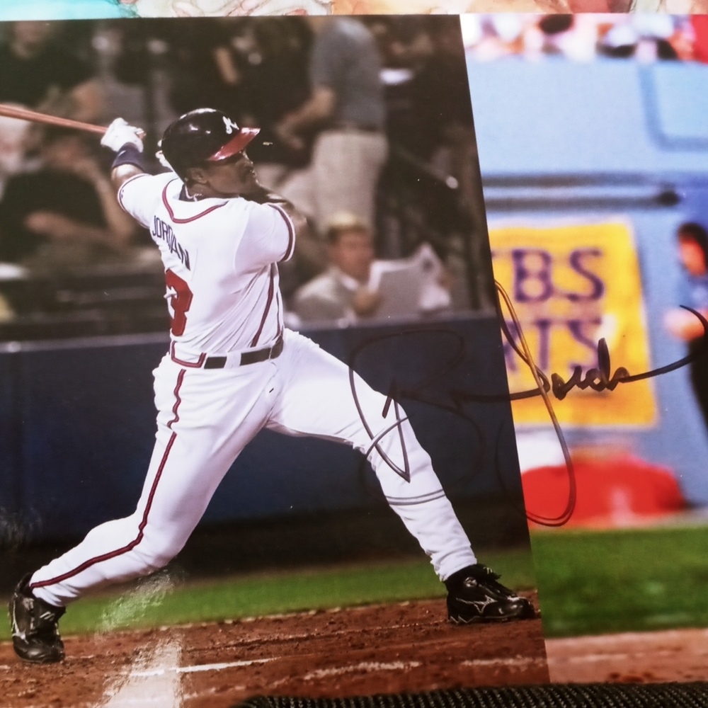 Signed double photo baseball football Brian Jordan card